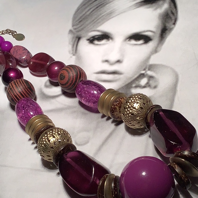 Bijoux Terner Chunky Bead Necklace In Purple, Gold, And Black.